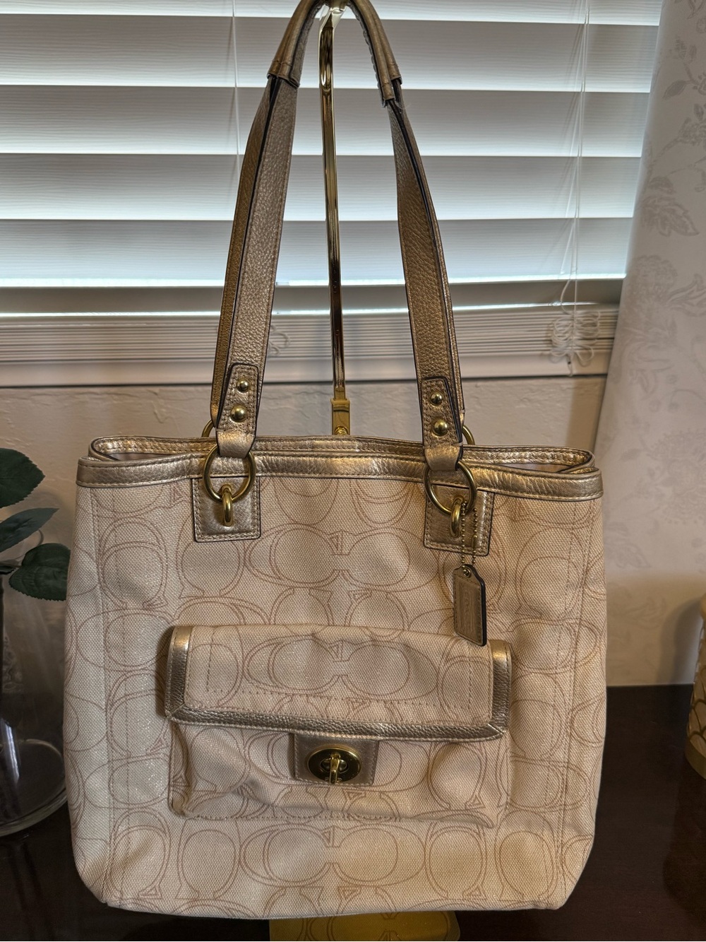 Coach F19266 Signature Lurex Champagne Gold Trim Turnlock Tote Shoulder Bag